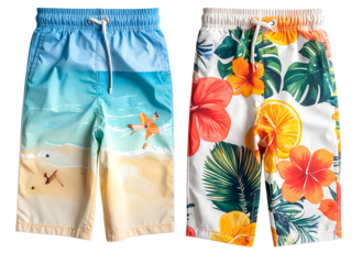 Colorful Boys’ Swim Trunks with Tropical Print, Flat-Lay Top View, Isolated on Transparent background