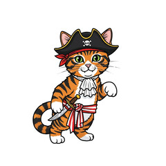 A cartoon tabby cat wearing a pirate hat, bandana, and sash, holding a sword, in a playful pose.