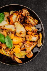 grilled zucchini warm salad vegetables dish natural product tasty snack fresh delicious gourmet food background on the table rustic top view copy space keto and paleo diet vegan and vegan food