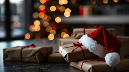 An inviting collection of Christmas gifts topped with a whimsical Santa hat, all set against a warm, blurred backdrop of festive lights, embodying holiday cheer.