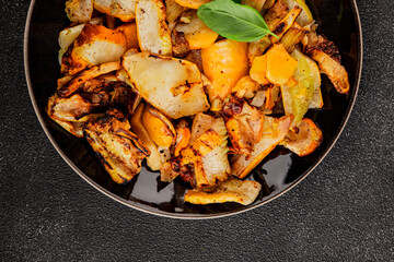 grilled zucchini warm salad vegetables dish natural product tasty snack fresh delicious gourmet food background on the table rustic top view copy space keto and paleo diet vegan and vegan food