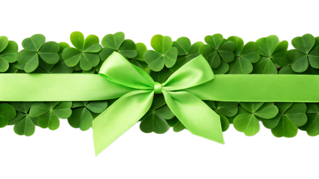 A green ribbon bow on a bed of shamrocks against a black background for st patrick's day holiday