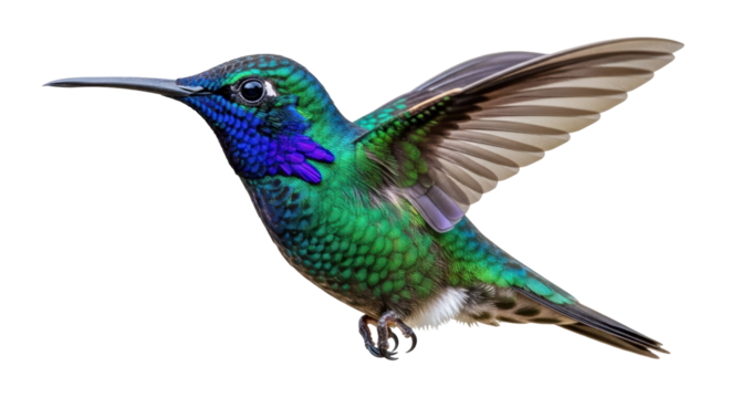 Isolated hummingbird in flight with wings out and facing left on a neutral field in studio