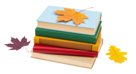Isolated stack of hardcover books with colorful covers and autumn leaves, a seasonal theme