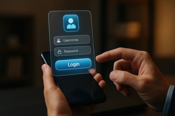 Hand using smartphone with holographic login authentication screen
