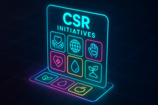 CSR initiatives neon glowing corporate social responsibility illustration, sustainability community environment ethics governance diversity inclusion philanthropy business strategy digital infographic