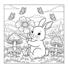 Fototapeta premium Bunny with a flower coloring page. Cute cartoon animal illustration. A happy rabbit holding a flower in a field of mushrooms and butterflies. Fun coloring sheet for children.