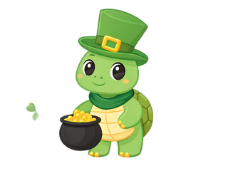 Cartoon turtle wearing a green hat and scarf holding a pot of gold with a clover on a black background
