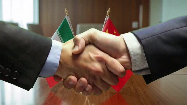 Iran and China flag alliance video showing international relations and diplomatic ties at a conference table with a hand gesture