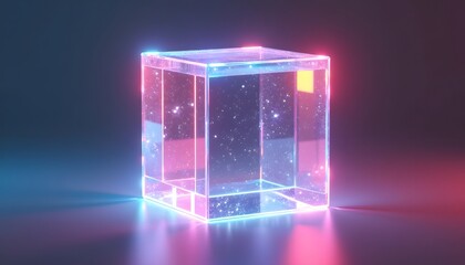 Glowing transparent cube with neon reflections in futuristic setting 

