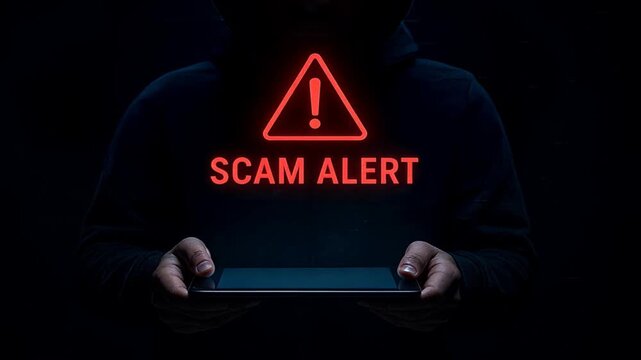 Person in jacket holds tablet with scam alert symbol, showing digital scam, fraud alert and spam alert risk