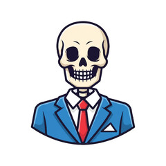 Cartoon illustration of a skeleton wearing a blue suit and a red tie, smiling.