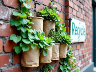 Documentary Style Vertical Garden on Brooklyn Brick Wall with Recycled Materials