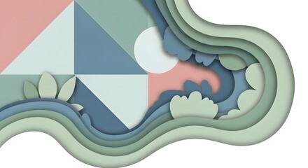 Abstract geometric landscape with paper cut waves, sun, and pastel colors.