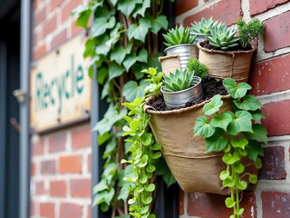 Urban Vertical Garden from Recycled Coffee Bags and Cans on Brick Wall in Brooklyn