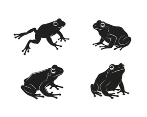 Four black silhouette illustrations of frogs in different poses on a white background simple vector art