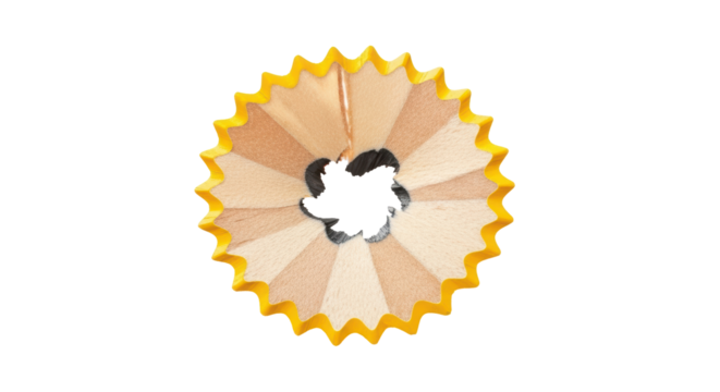 Isolated vibrant pencil shaving rosette close up, a woodworking byproduct of sharpening