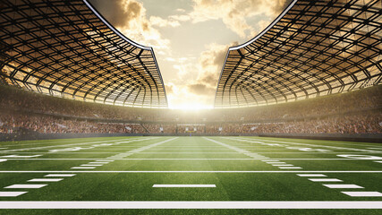 3D American football stadium view with dramatic sunset sky. Concept of sports arenas, fan...