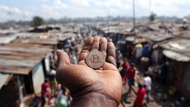 ai generated photo of hand holding bitcoin coin in front of african market in bitcoin village of kibera nairobi kenya