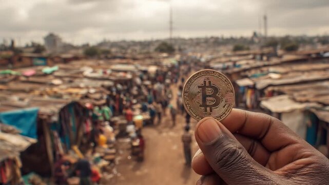ai generated photo of hand holding bitcoin coin in front of african market in bitcoin village of kibera nairobi kenya