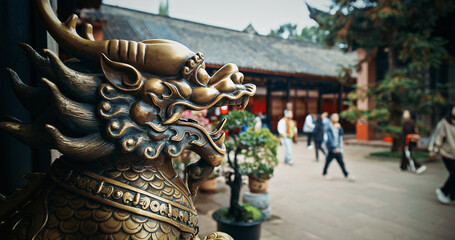 Chengdu, Sichuan, China. Bronze Lion Head Sculpture. Statue Of Mystical Chinese Guardian Lion. Head Of Golden Lion Statue At Wenshu Monastery. Sculptures Of Kylins Or Qilin. Kylins Is Mascot Dragon In