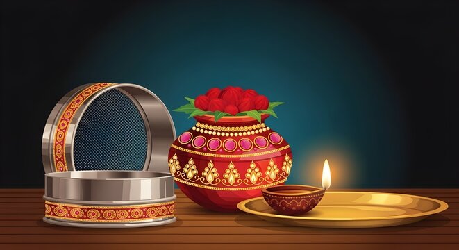  Karwa Chauth Pooja Elements with Sieve, Kalash, Diya, and Thali on Wooden Table