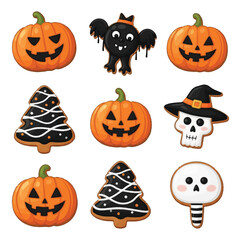 A collection of cute Halloween gingerbread cookies featuring jack-o'-lanterns, a bat, skulls, and spooky trees.