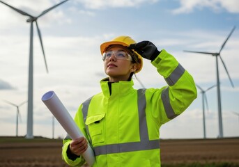 Female Engineer in High-Visibility Gear Inspecting a Large Wind Turbine Farm