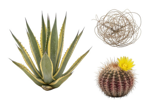 Isolated pale yellow agave, light brown tumbleweeds, deep red barrel cactus on transparent background with copy space. Commercial still life of arid desert resilience