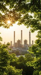 Industrial Pollution vs. Nature: Factory Smokestacks and Sunburst at Sunset
