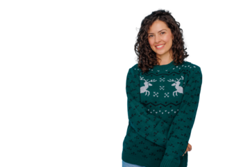 Young woman wearing festive reindeer christmas sweater smiling for winter holidays, transparent background