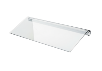 A single, futuristic, ultra-thin, translucent polymer scroll with shimmering iridescent surface and laser-cut edges, suspended in a transparent studio, concept of advanced data display