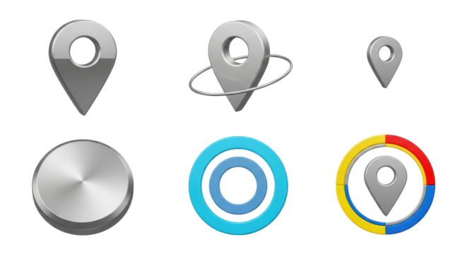 Isolated map location pointer, navigation pin and destination mark symbols for direction guide