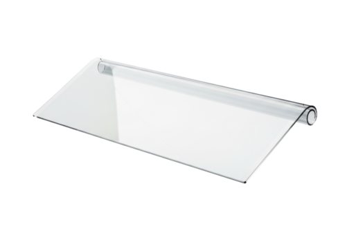 A single, futuristic, ultra-thin, translucent polymer scroll with shimmering iridescent surface and laser-cut edges, suspended in a transparent studio, concept of advanced data display