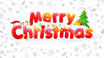Merry Christmas greeting card design. Holiday backdrop with X mas items and set of snowflakes
