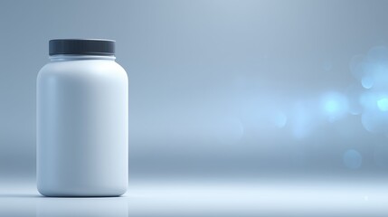 White plastic jar with a black lid is positioned on a reflective surface, showcasing a minimalist design against a soft blue bokeh background, ideal for product packaging mock up