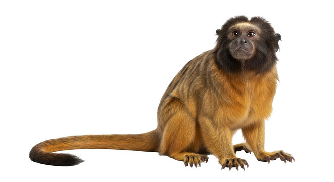 Isolated Golden-headed Lion Tamarin, sitting with a curious gaze, furry primate wildlife