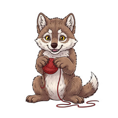 A cute cartoon wolf pup with a happy expression, sitting and holding a red ball of yarn, ready to knit or play.