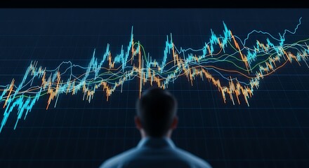 Man intently watching dynamic stock market graph illuminate with vibrant trading data and financial analysis on a sleek digital display