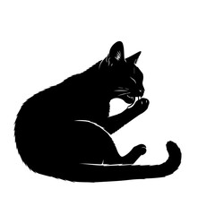 Black Cat Silhouette Grooming and Licking Paw