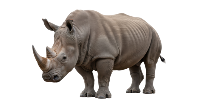 Isolated rhinoceros standing and posing, a majestic African wildlife animal, mammal, large herbivore