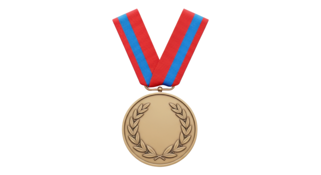 Isolated gold victory medal with laurel wreath and ribbon in red and blue for awards symbol - Powered by Adobe