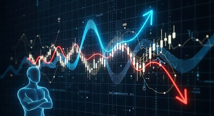 Confident strategist analyzes dynamic financial market data with rising and falling trends visualized on a digital dashboard