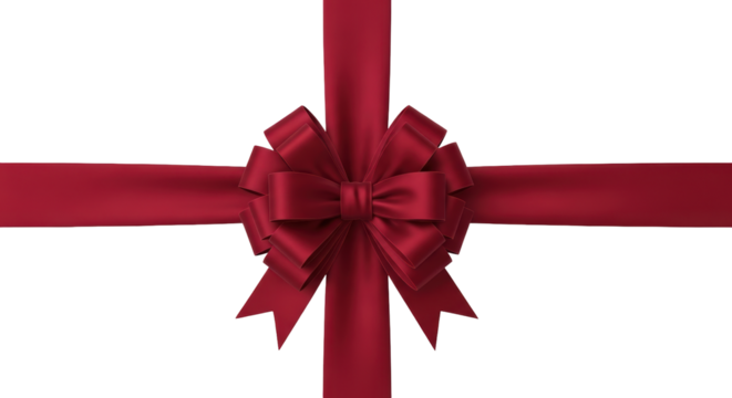 Isolated shiny, red bow and ribbon tied in a cross, a decorative element for gift wrap