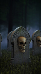Creepy Skull Tombstones in Haunted Graveyard