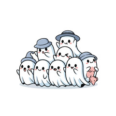 A charming illustration of a group of cute, friendly cartoon ghosts, some wearing hats, with one holding a small pink item.