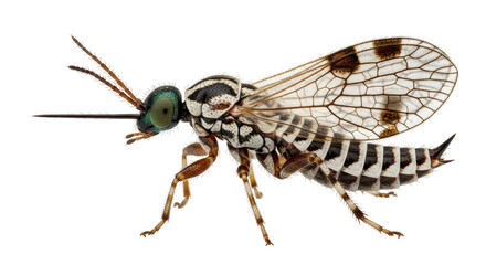 Isolated Parasitic Fly Portrait with Striped Abdomen and Spotted Wings on Seamless Backdrop