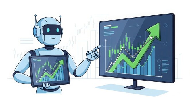 Futuristic robot analyst pointing to soaring stock market graphs on screen and tablet, illustrating financial technology and growth potential