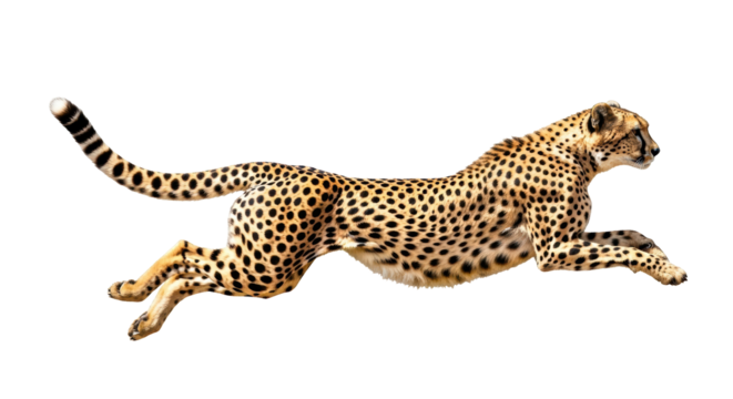 Isolated cheetah in motion leaping forward, big cat, animal, mammal, running speedster