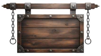 Rustic wooden sign with iron accents and chains, perfect for western themes